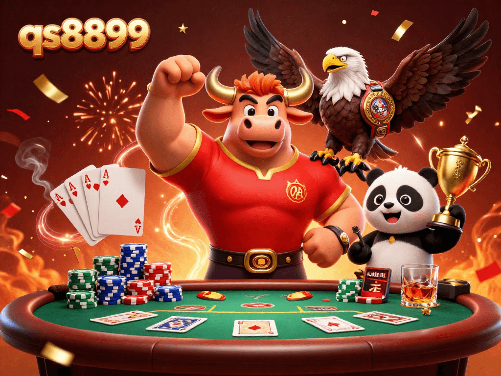 Experience thrilling games at qs8899 with a powerful victory pose from the charming casino mascots.