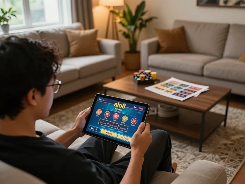 Engage in online gaming with link vào alo8 showcasing a player focused on live dealer game on tablet