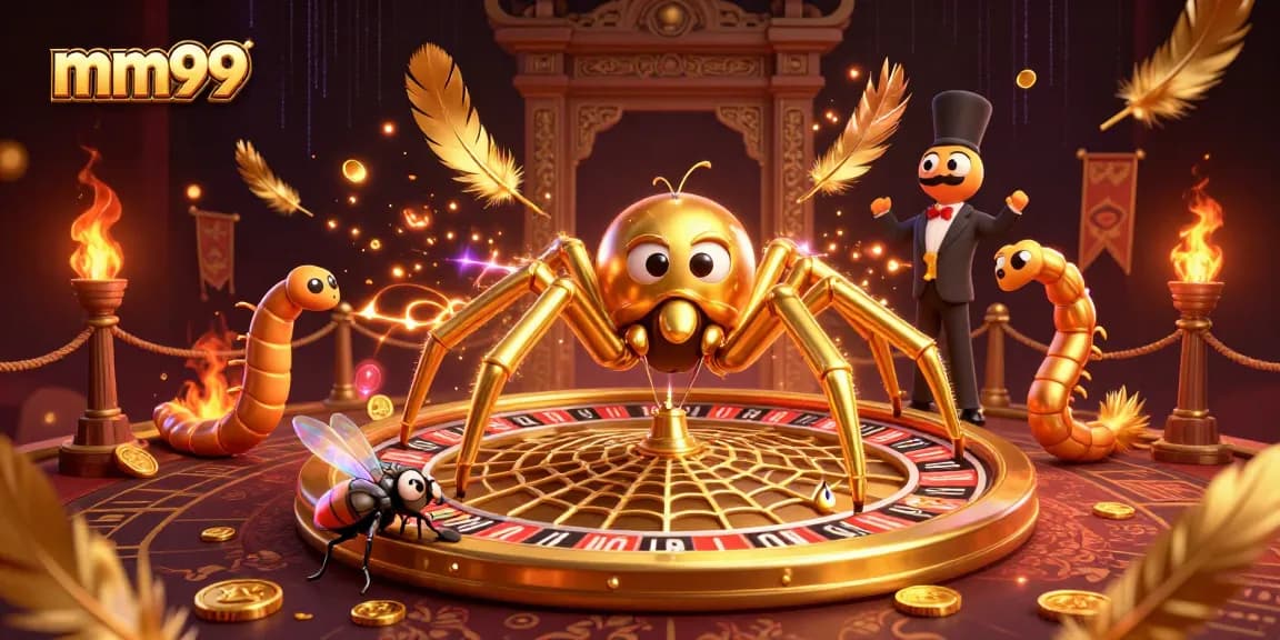 Experience thrilling gameplay at mm99 with a golden spider spinning a roulette web.
