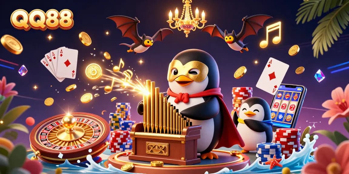 Engage with Casino Fun at QQ88 with vibrant games and gold coins flying in a dynamic illustration.