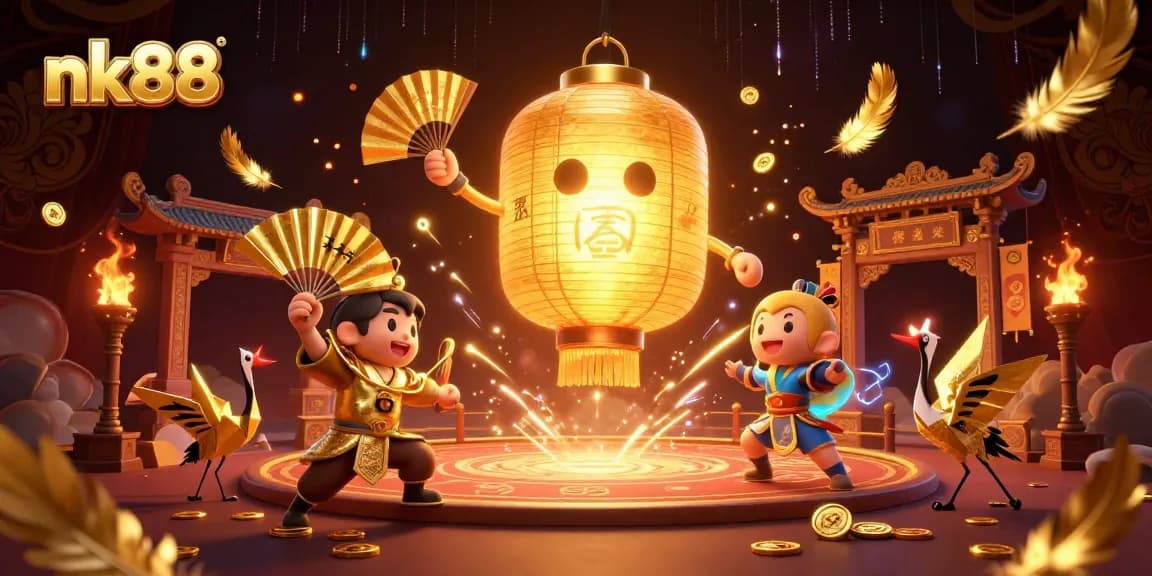 Experience thrilling gaming at nk88 with a vibrant illustration of a glowing lantern spirit and casino elements.