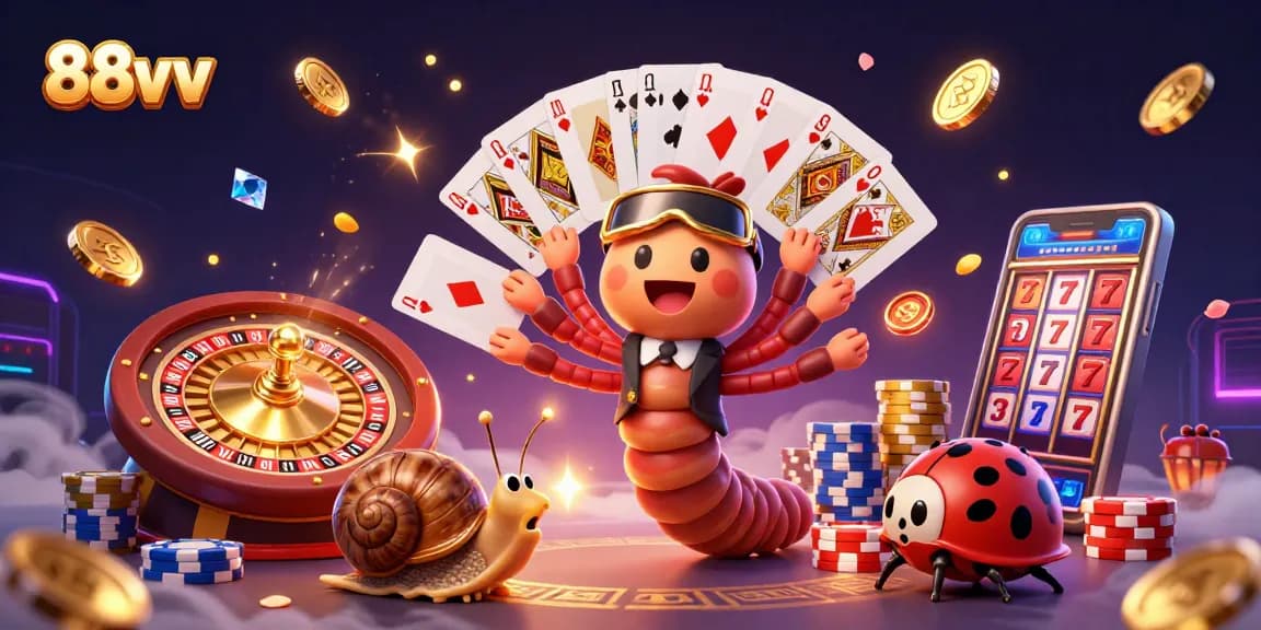 Experience the excitement of 88vv with a dynamic casino scene featuring colorful characters and gaming elements.