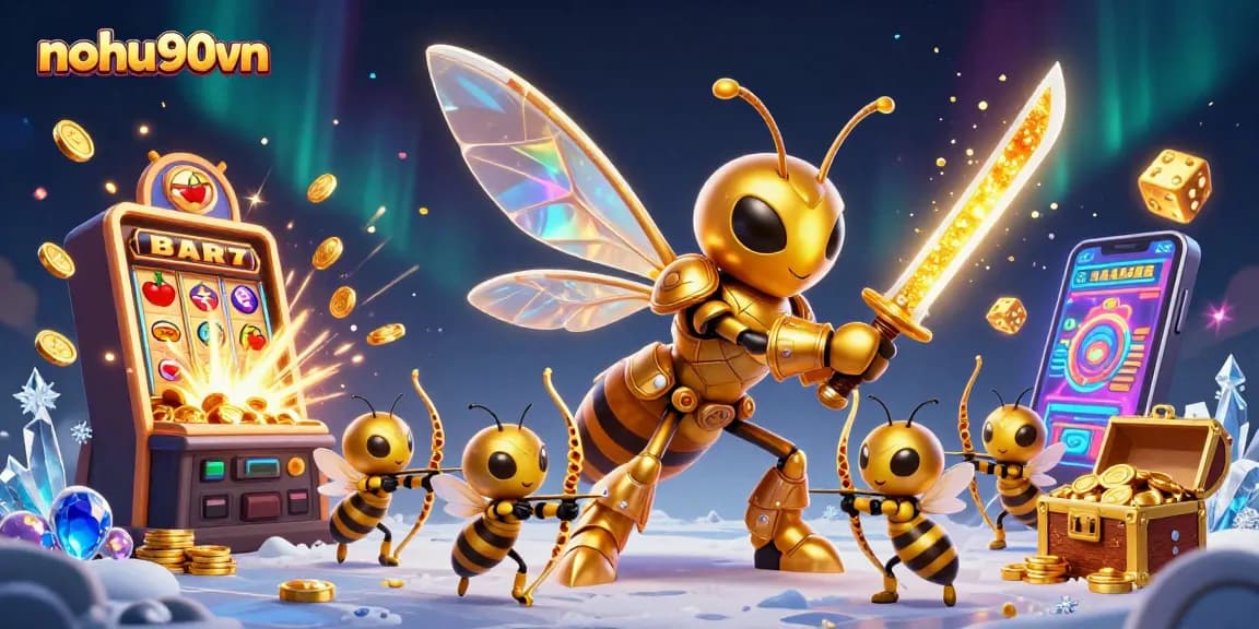 Noh90vn casino adventure with a golden hornet samurai and bee archers amidst jackpot explosions.