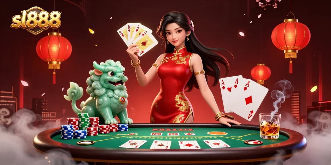 Play poker with sl888 as a stylish woman in a qipao showcases golden cards among colorful chips.