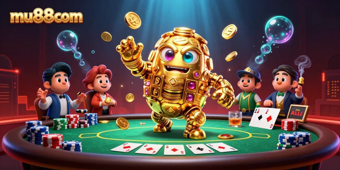 Engage in thrilling poker action with mu88com's vivid casino illustration featuring a golden golem.