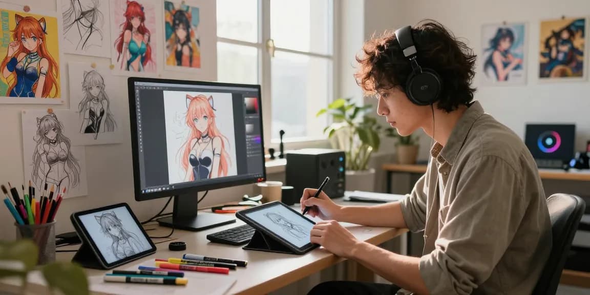Creating stunning AI ecchi character designs in a vibrant digital art studio.