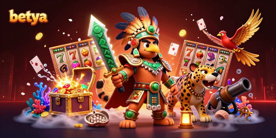 Experience thrilling wins with betya in a vibrant, action-filled casino illustration featuring unique characters.