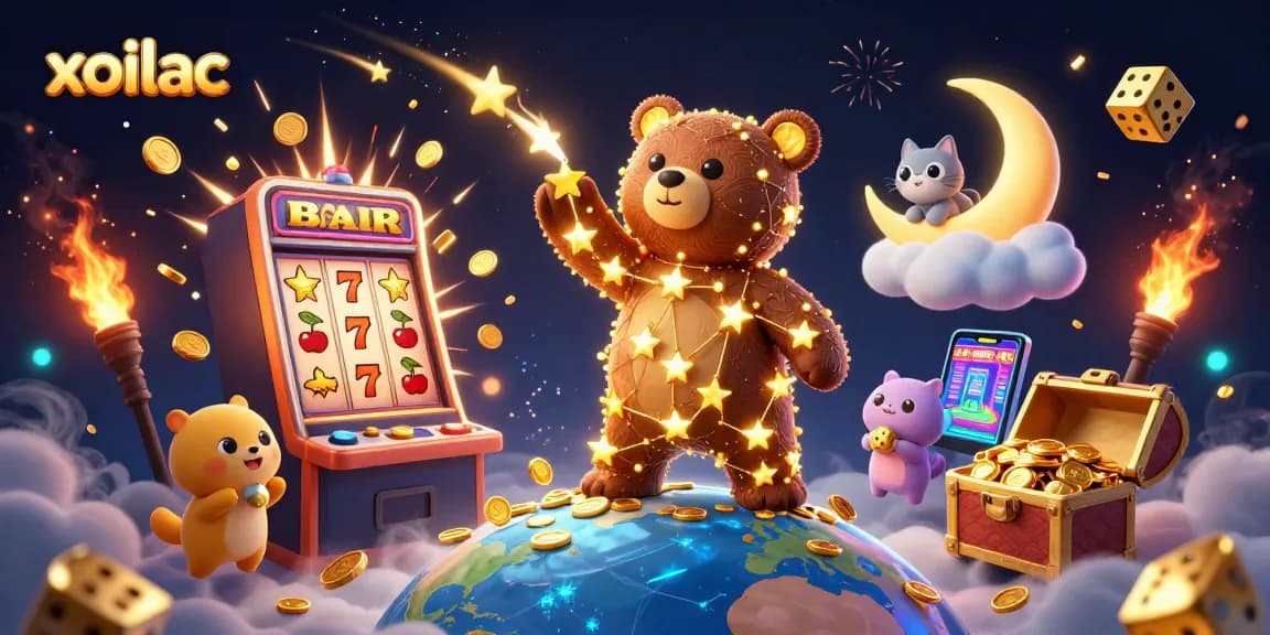 Engage with xoilac's vibrant casino world featuring golden stars, overflowing treasures, and dynamic game elements.