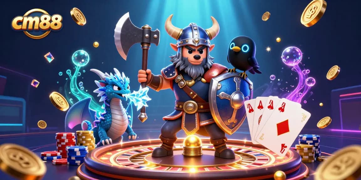 Experience thrilling gameplay at cm88 with a Viking wolf warrior, dragon, and casino elements sparkled around.