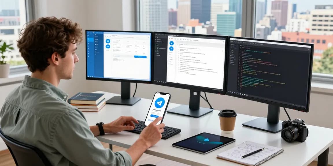 Efficient tech workspace showing Telegram Download process with developer engaged at multiple screens in a vibrant office environment.
