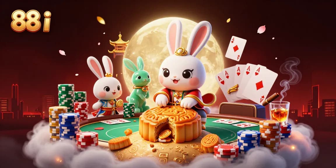 Bet with confidence at 88 i featuring a moon rabbit surrounded by poker elements in a vibrant casino scene.