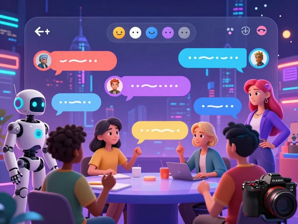 Engaging chat scene featuring diverse 18+ AI characters in a futuristic digital environment.