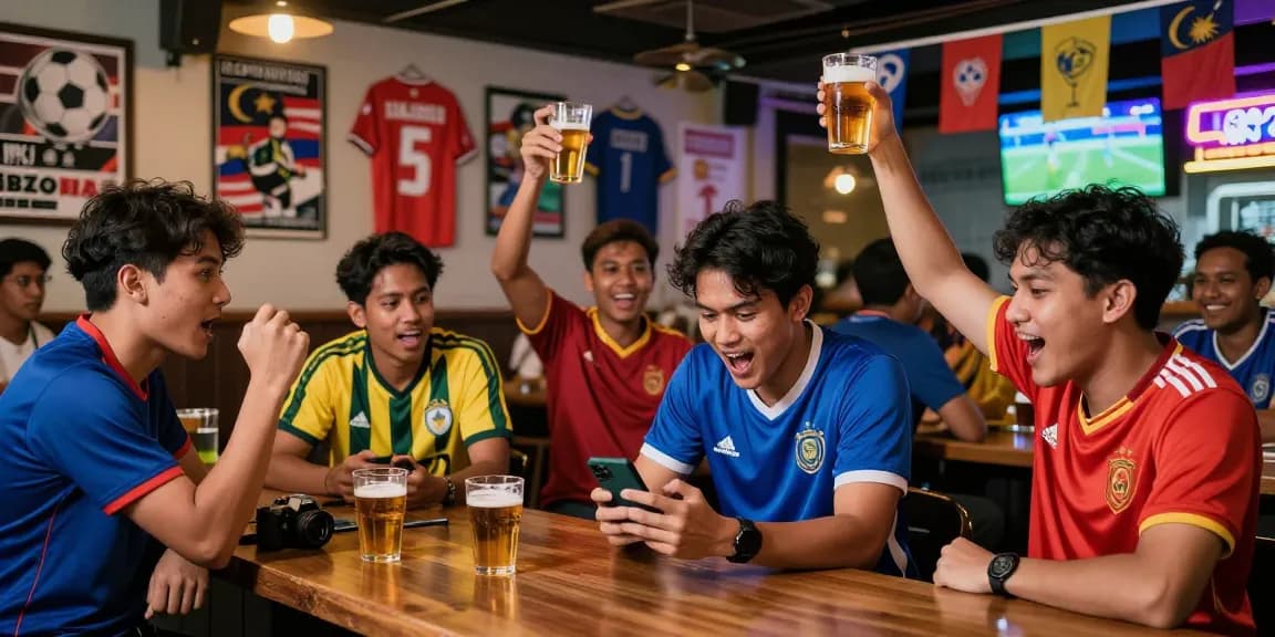 Football Betting Malaysia scene with fans celebrating at a sports bar, checking live odds and enjoying the match atmosphere.