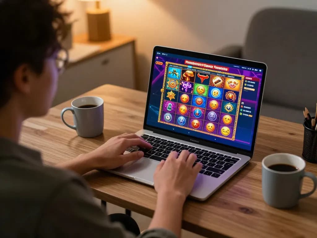 Playing Pragmaticplay slots on a laptop in a cozy home office setting.