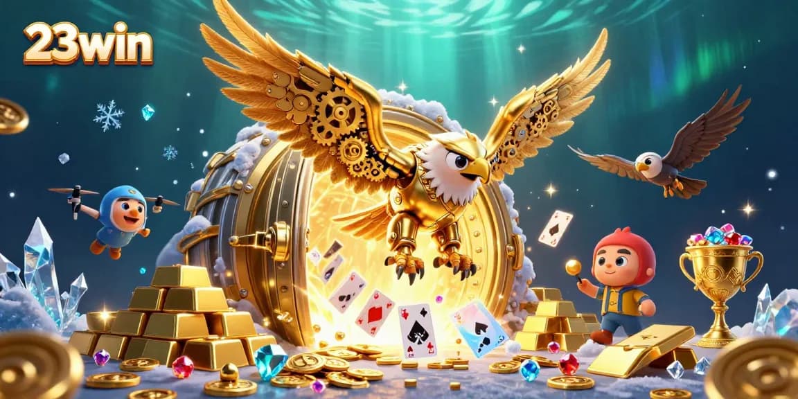 Experience thrilling moments at 23win as a golden eagle dives through holographic cards, surrounded by treasures.