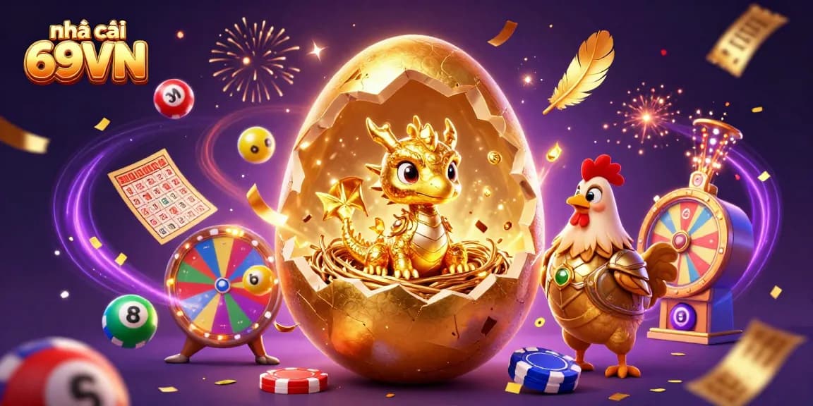Experience excitement with nhà cái 69VN's vibrant casino illustration featuring games and prizes.