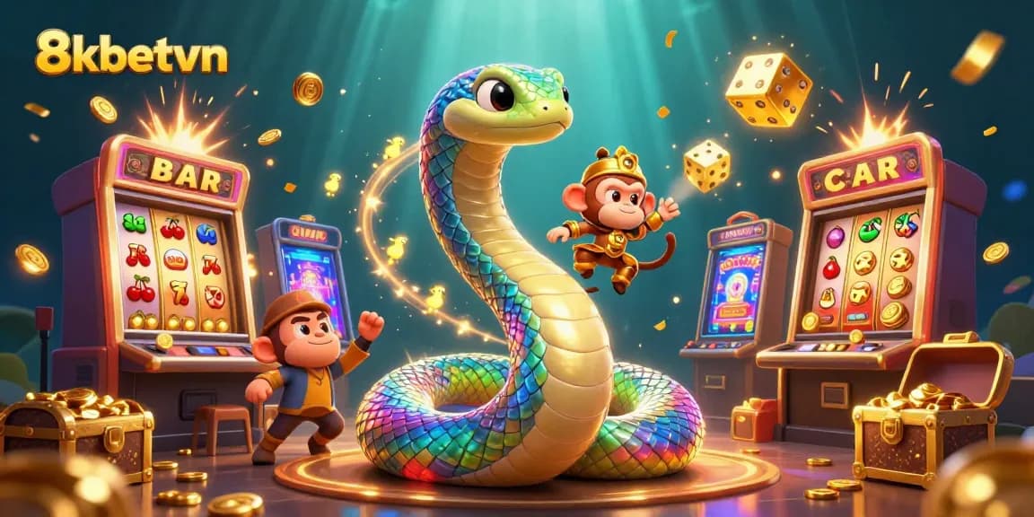 Experience exciting wins at 8kbetvn with a vibrant scene of gaming elements, including slot machines, a rainbow serpent, and a monkey king.