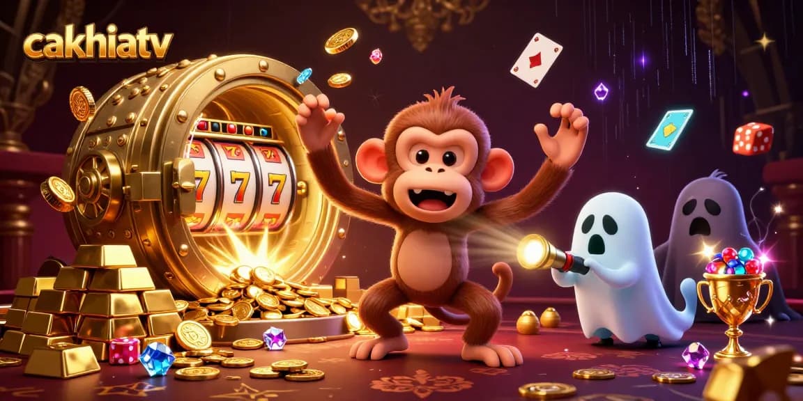 Cakhiatv showcases a mischievous poltergeist monkey juggling golden casino treasures in a haunted scene