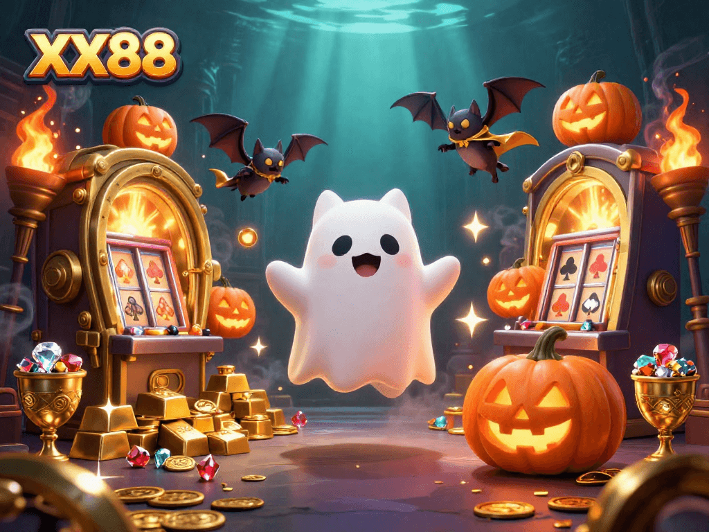 Experience thrilling gameplay at XX88 with ghostly characters floating through a vibrant haunted casino.