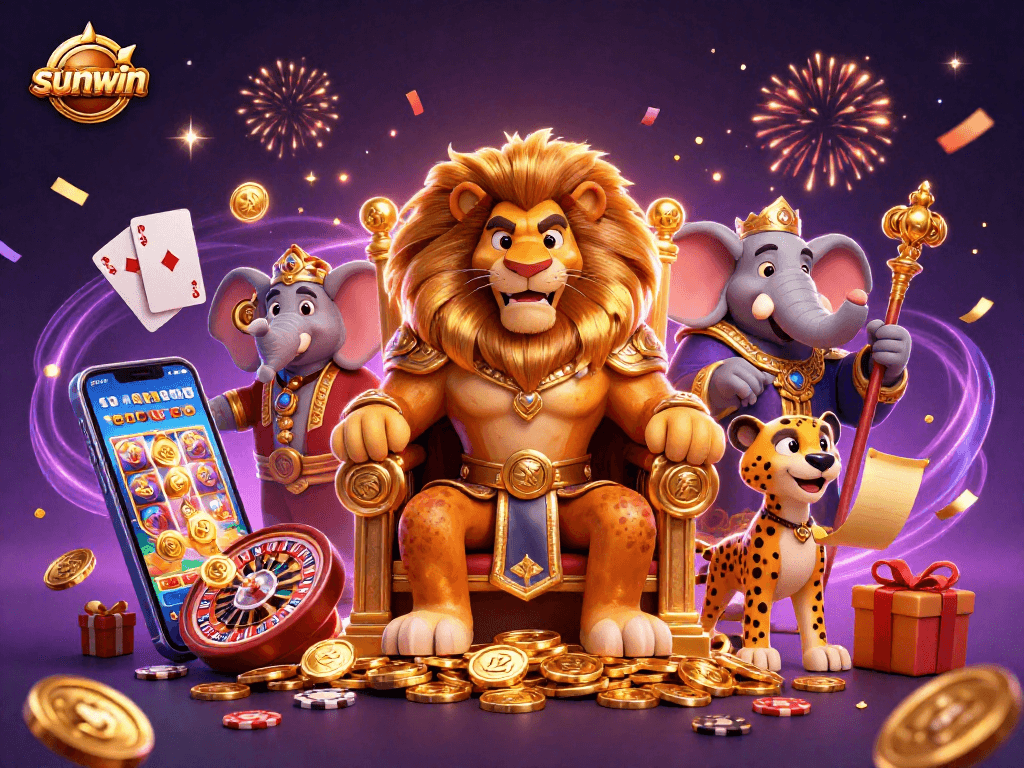 Engage with sunwin's vibrant slot games featuring a lion king, elephant advisor, and cheetah messenger.