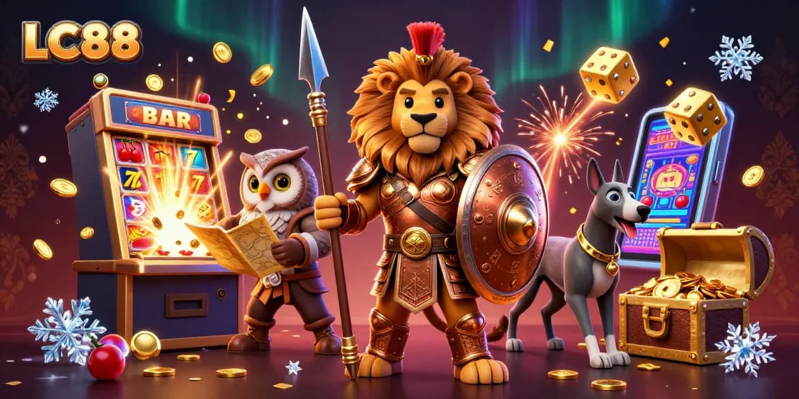 Experience the thrill of LC88 with an adventurous scene of a Spartan lion, owl strategist, and greyhound surrounded by casino games and rewards.