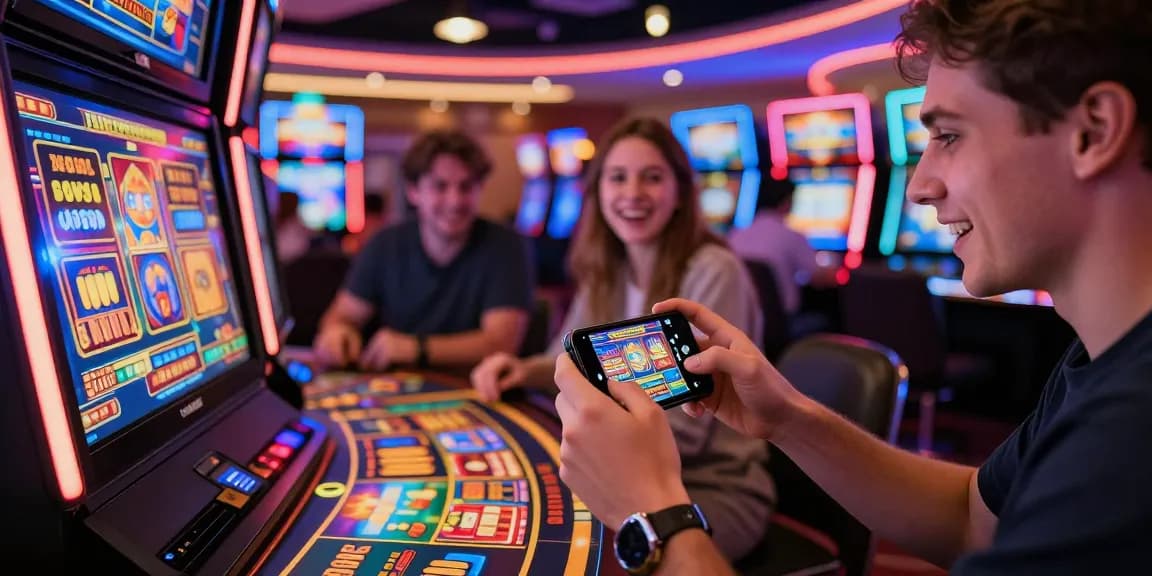 Excited player immersed in Winbox mobile casino games, vibrant atmosphere with slot graphics and bright lights