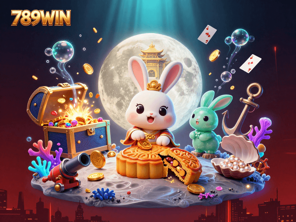 Experience the thrill of gambling at 789WIN with a festive illustration of a moon rabbit and poker chips.