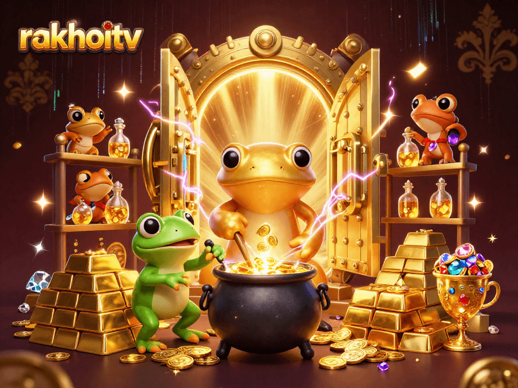 Experience thrilling wins at rakhoitv with a vibrant 3D casino scene showcasing rich riches and gold.