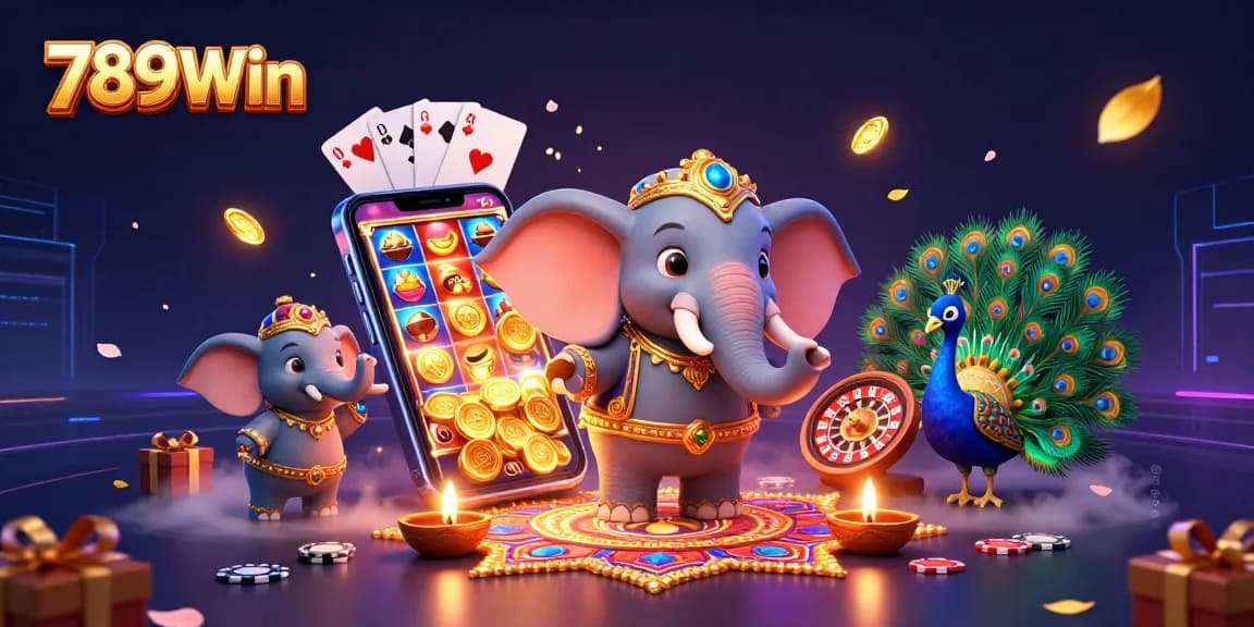 Engage in vibrant casino gaming at 789Win with animated elephants, slots, and festive decorations.