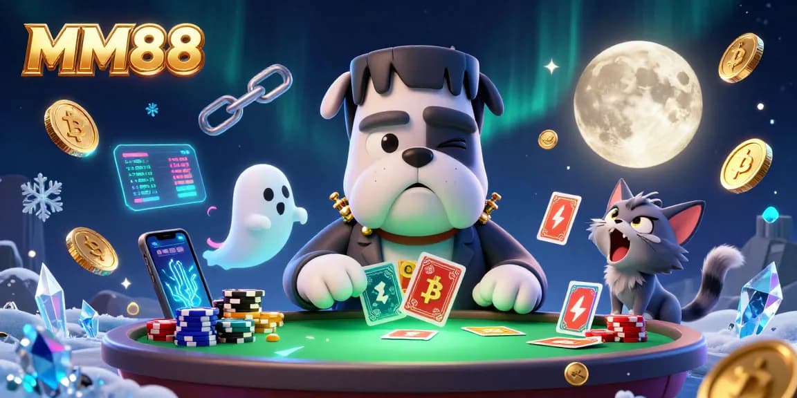 Experience the thrill of gaming with MM88, featuring a vibrant 3D cartoon monster and crypto elements.