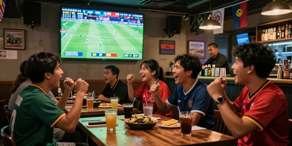 Football betting Malaysia scene with fans cheering in a lively sports bar