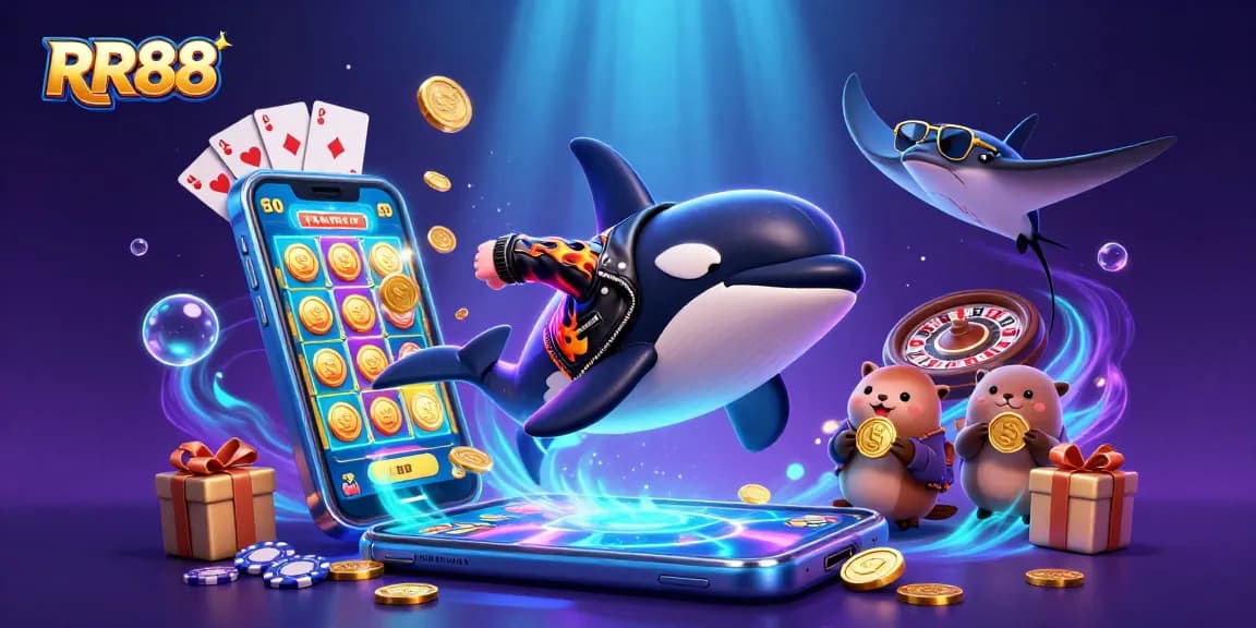 Experience thrilling gameplay with RR88 as a colorful 3D underwater casino scene bursts with golden coins and dynamic characters!