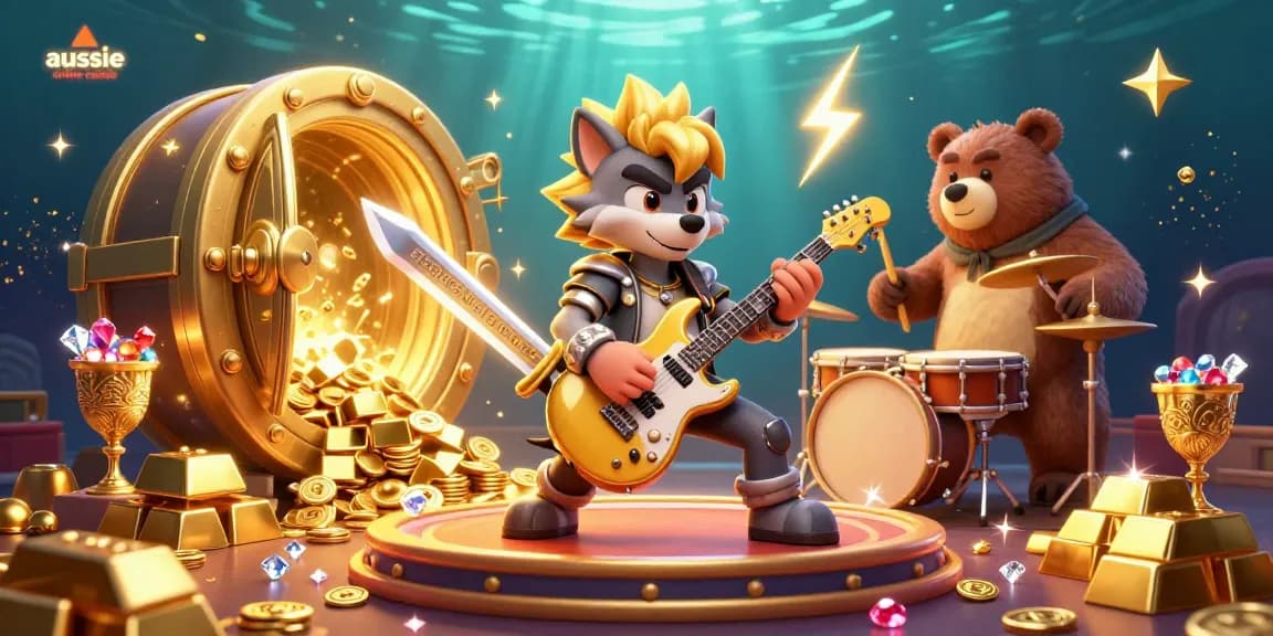 Aussie online casino illustration featuring a rock star wolf with electric guitar and a drummer bear amid vibrant casino elements.
