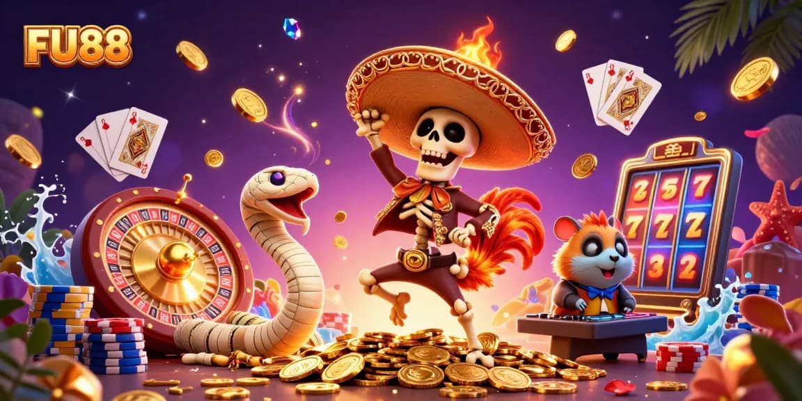 Experience thrilling gaming actions at FU88 with a vibrant 3D casino scene featuring a mariachi rooster.