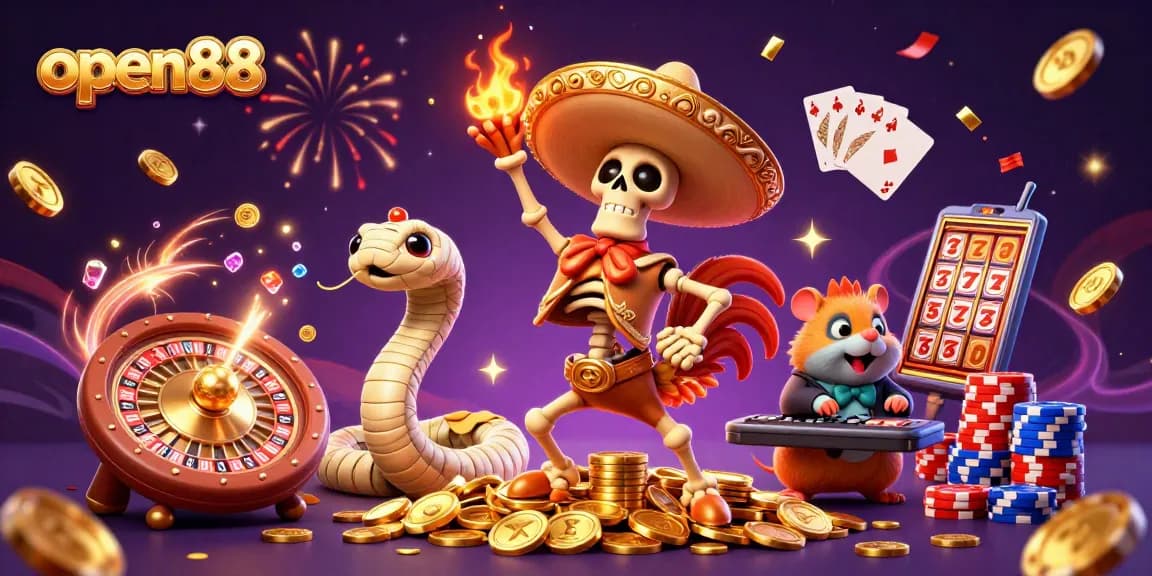 Experience the vibrant celebration of winning at open88 with a lively casino-themed illustration.