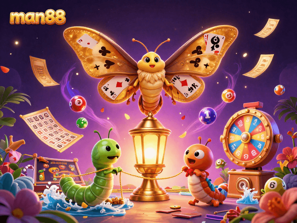Experience the excitement of man88 with vibrant casino elements and animated lottery scenes in a captivating illustration.