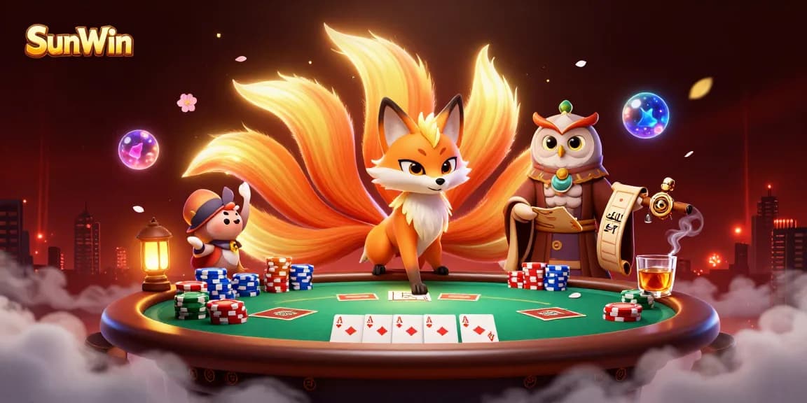 Engaging SunWin experience with a nine-tailed fox, poker elements, and vibrant spirit orbs showcasing casino action.