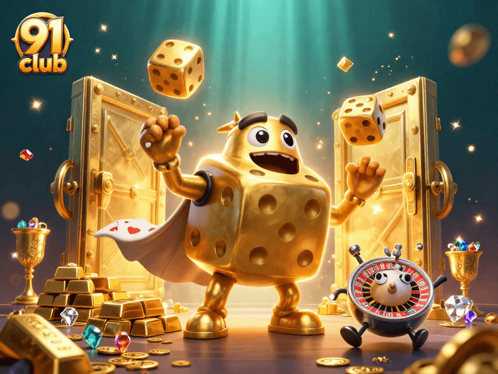 Immerse in the exciting world of 91 club with a dynamic illustration of golden dice and gaming elements.