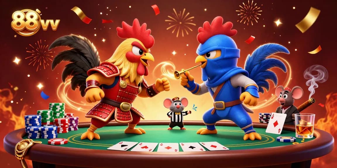 Watch twin roosters in samurai and ninja styles face off in a thrilling 88 vv poker showdown.
