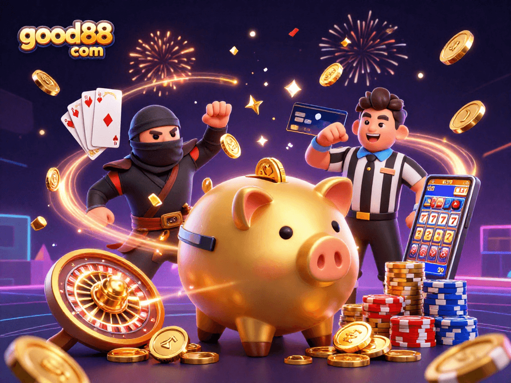 Enjoy thrilling moments with good88 com in this dynamic casino illustration featuring exciting gaming elements.