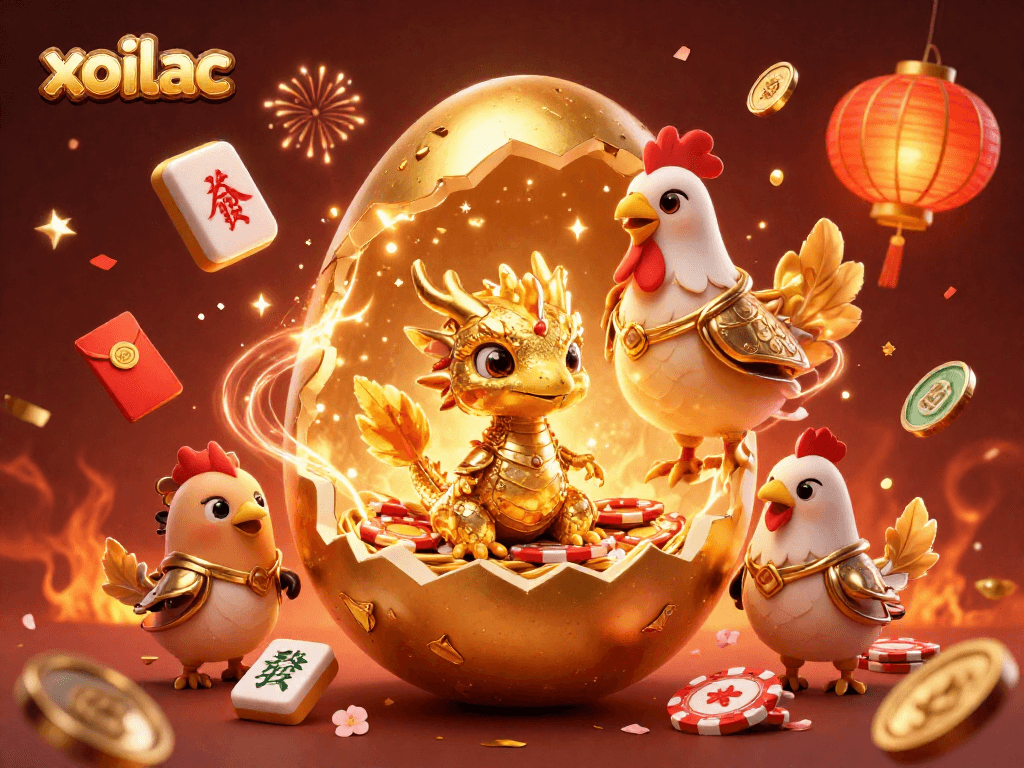Engage with the exciting xoilac casino realm featuring a golden dragon and poker chips amidst festive elements.