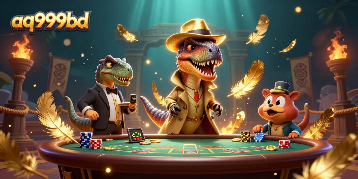 A dynamic scene showcasing aq999bd with a velociraptor card counter and stegosaurus pit boss in a casino setting.
