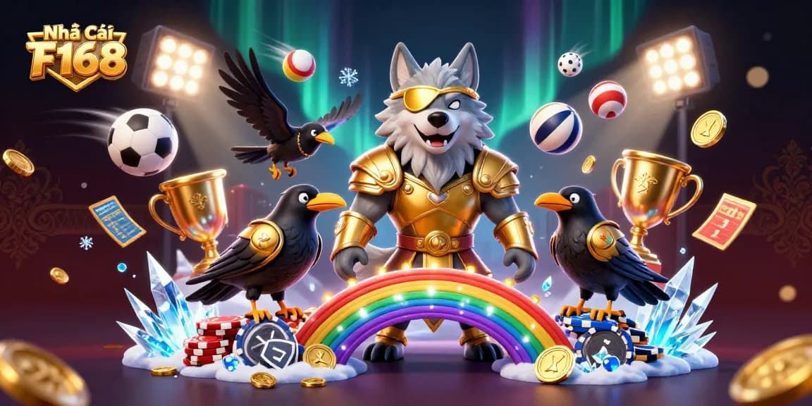 Experience thrilling gaming with Nhà cái F168, featuring vibrant casino illustrations with sports elements and dynamic action.