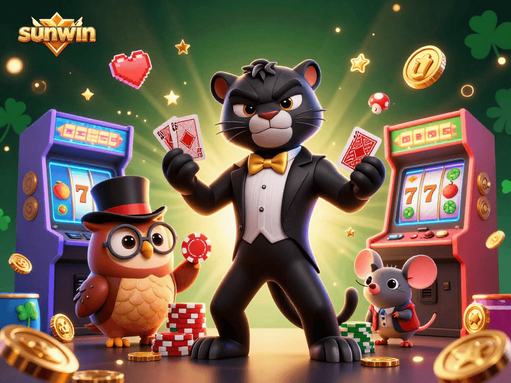 Win big with sunwin as the stylish black panther deals cards in a vibrant casino scene.