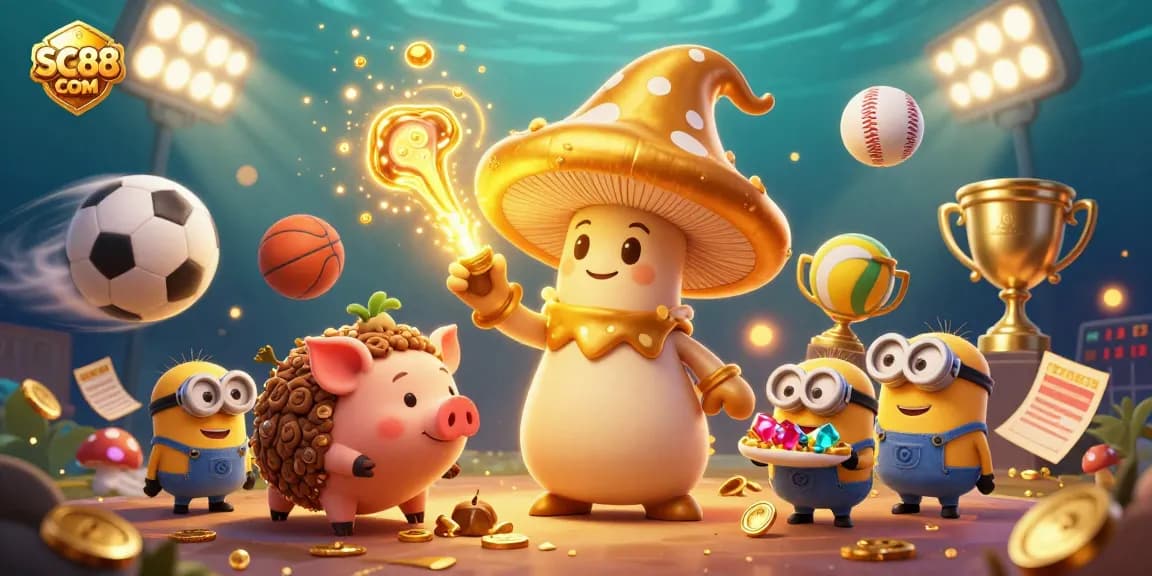 Engage in thrilling gameplay with SC88 COM as a golden mushroom wizard channels luck amidst dynamic sports elements.