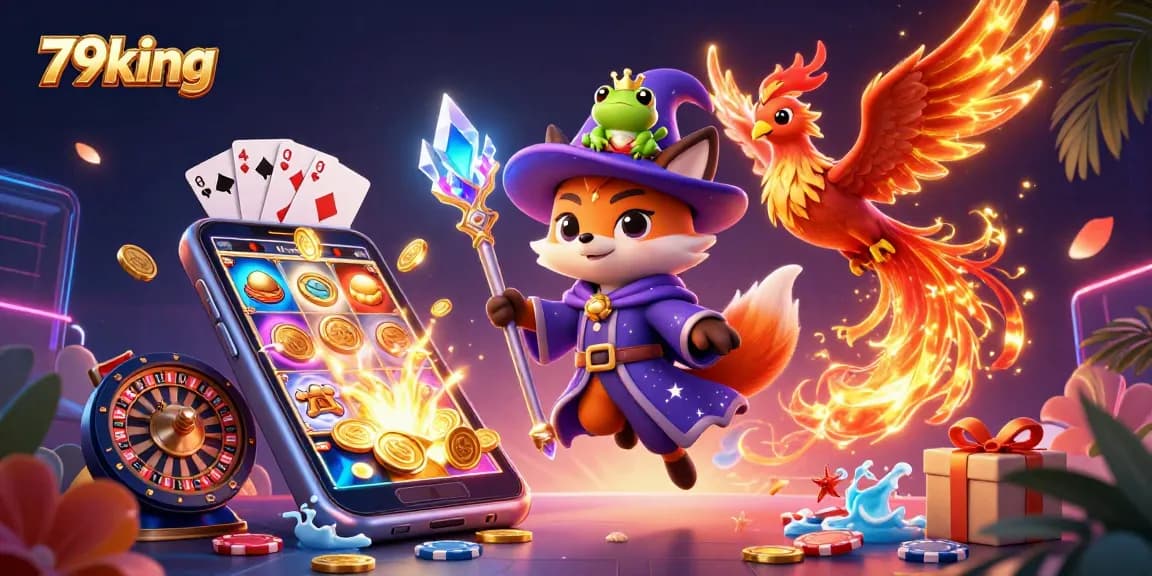 Experience the thrill of victories at 79king with this vibrant casino-themed 3D illustration.