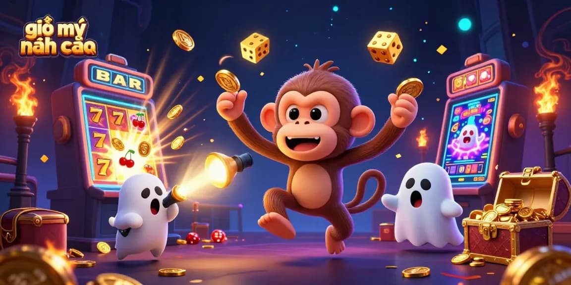 Engaging illustration depicting giải mã nhà cái with a playful poltergeist monkey and curious puppy in a vibrant casino setting.