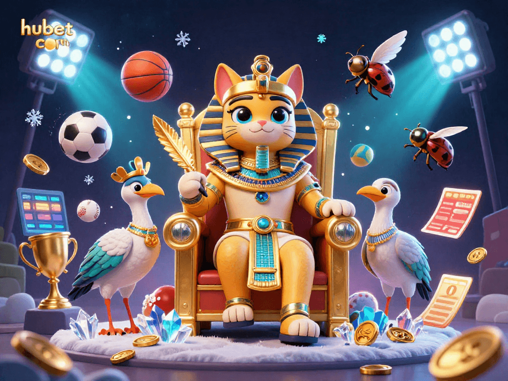 Bet on excitement at hubet com with a lively depiction of a pharaoh cat and sports elements.