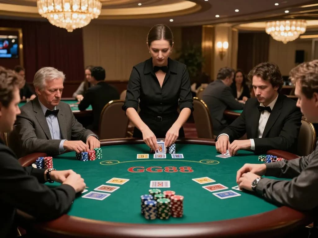 Engaged players at a GG88 blackjack table strategically placing bets in a luxurious casino atmosphere
