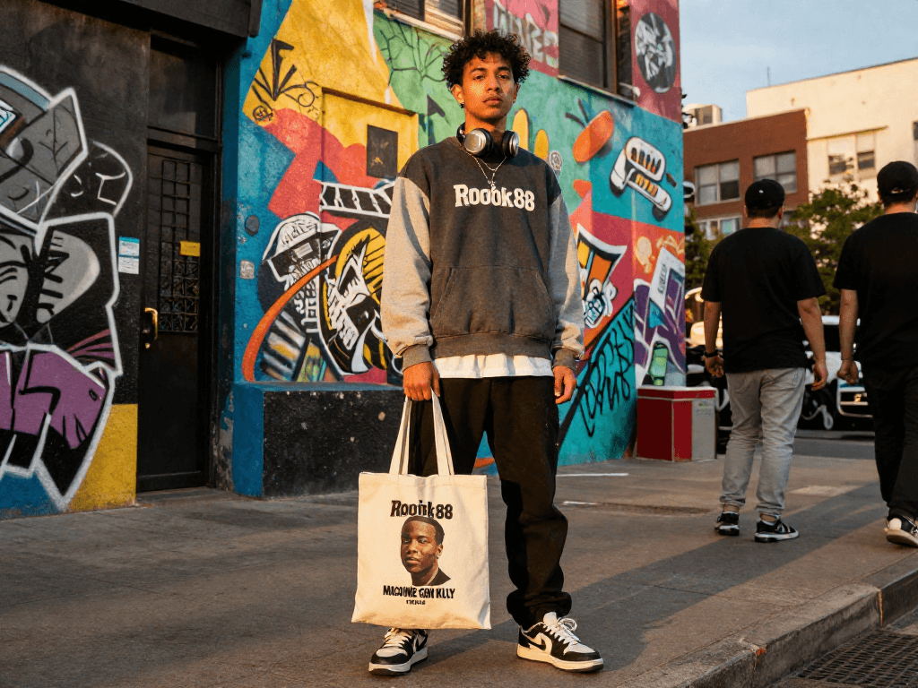 Youthful fashion scene featuring a rokok88 streetwear enthusiast in an urban setting with vibrant murals and trendy accessories.